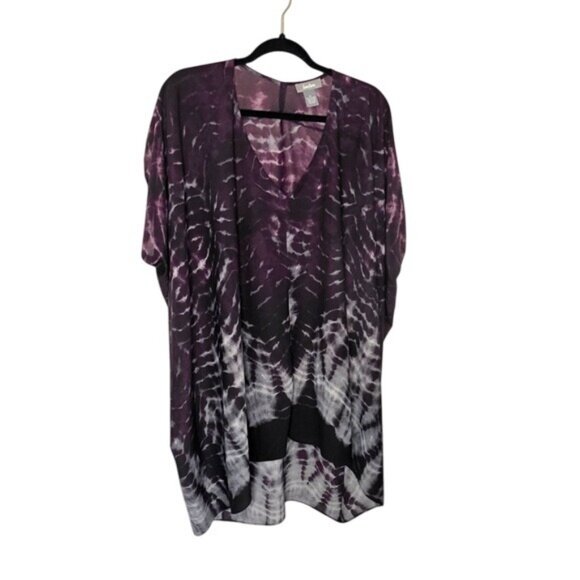 Neiman Marcus Purple & Black Tie-Dye V-Neck Tunic Top XL Boho Festival - Picture 1 of 8